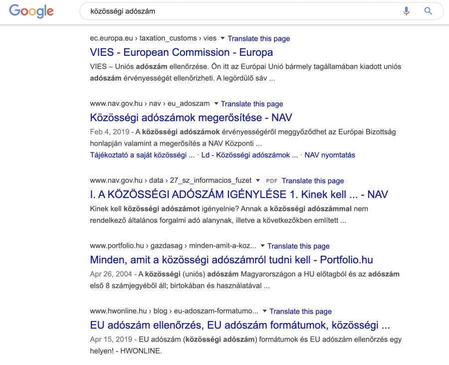 Közösségi adószámra való keresés
